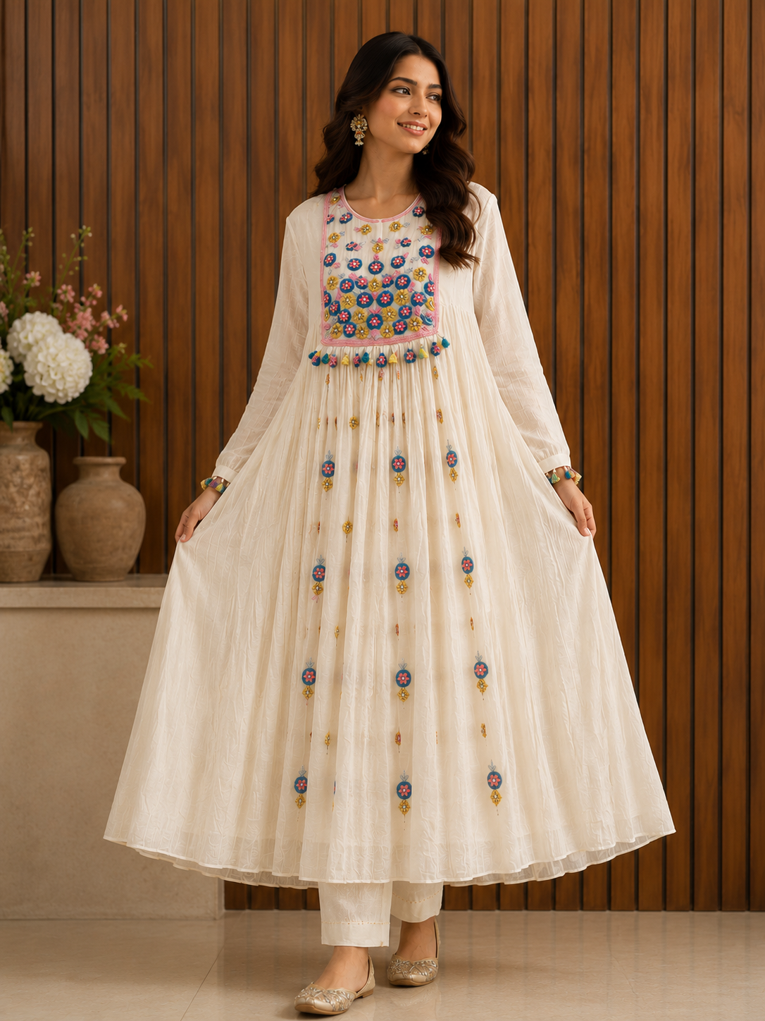 Pure mull chanderi full gathered long shirt along with a straight pant