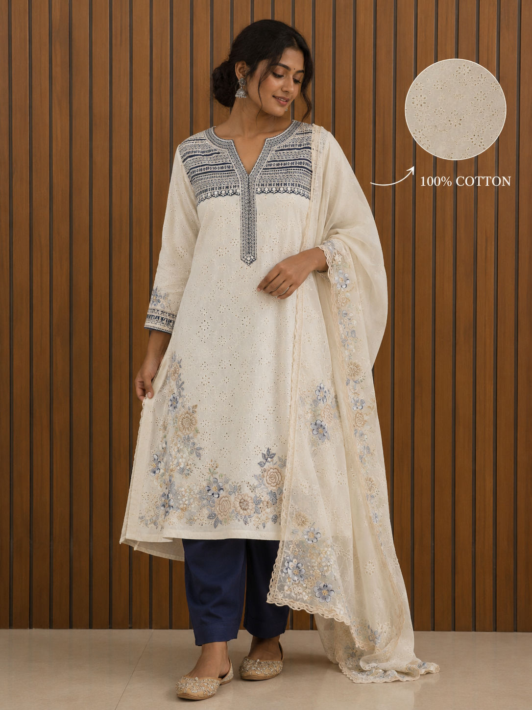 Pure cotton chikankari kalidaar unstitched suit set — 100% cotton, front view